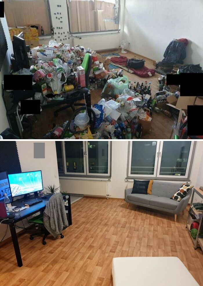 A side-by-side comparison of a highly disorganized male living space and a minimalist, tidy living area.