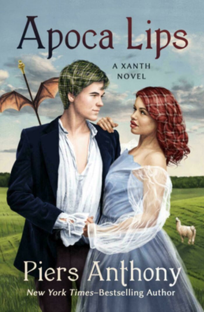 Hilariously unhinged book cover for Apoca Lips by Piers Anthony showing a couple in a field with a llama