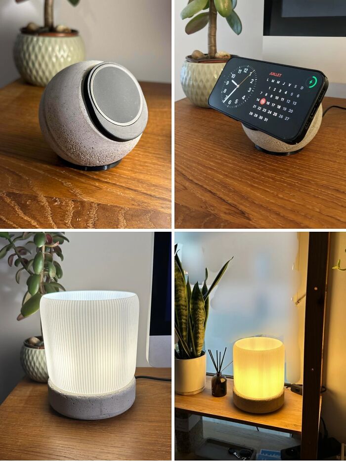 A 3D printed wireless charger and a stylish table lamp, brilliant things for home decor made with 3D printers.