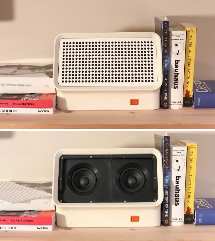 A DIY retro speaker housing, a brilliant thing made with 3D printers, featuring a clean white design.