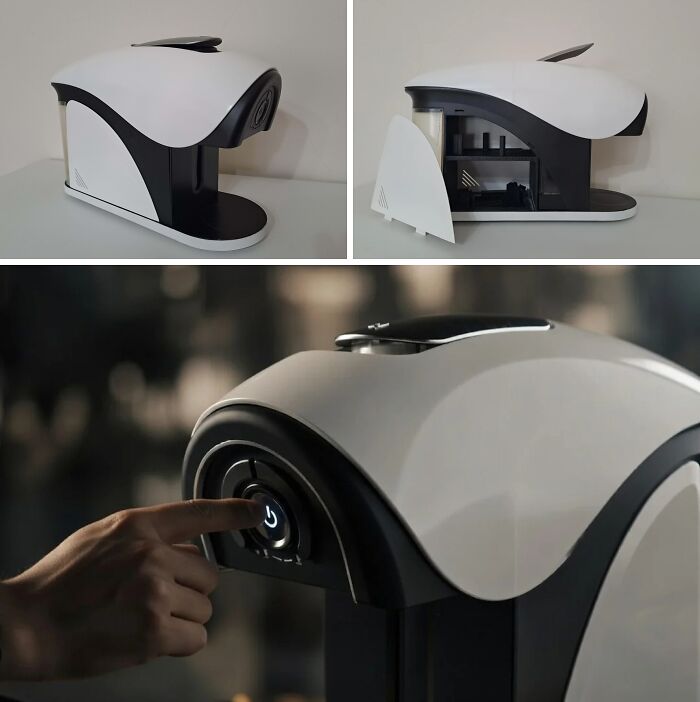 A sleek, modern appliance for a coffee machine, made with 3D printers, featuring a touch control panel.