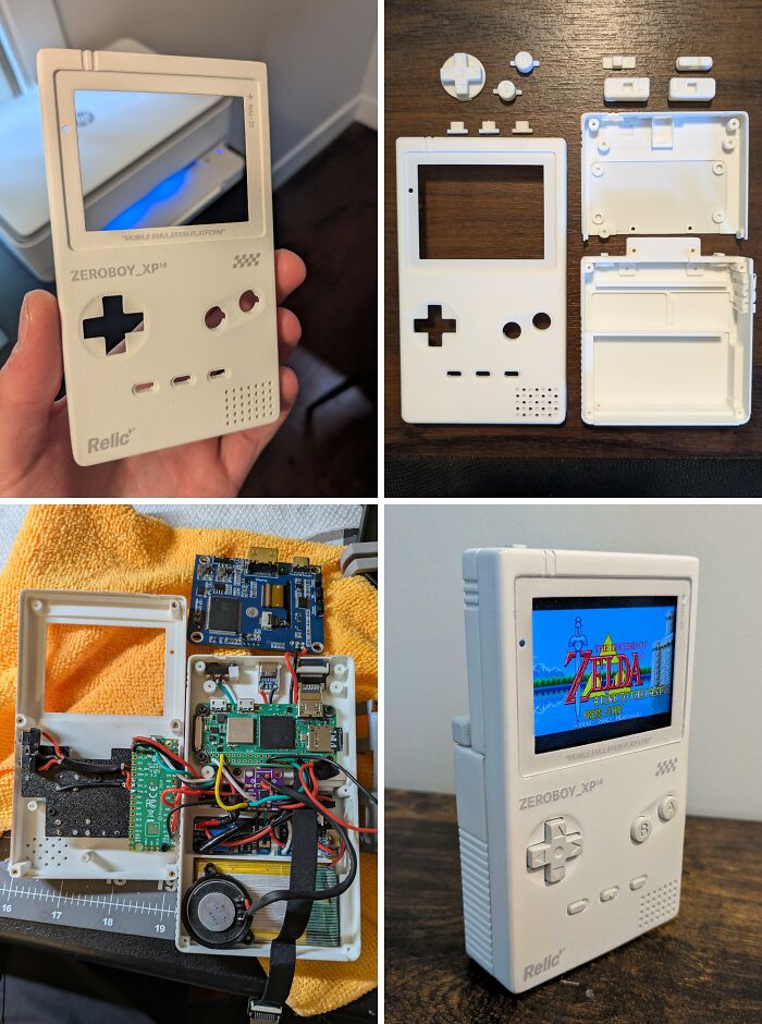 A DIY handheld game console made with 3D printers, shown in assembly steps and completed, playing Zelda.
