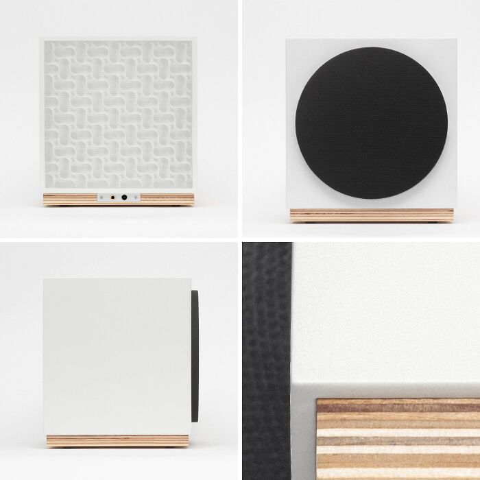 A minimalist white speaker with a patterned grill, featuring wooden base accents, demonstrating brilliant 3D printers.