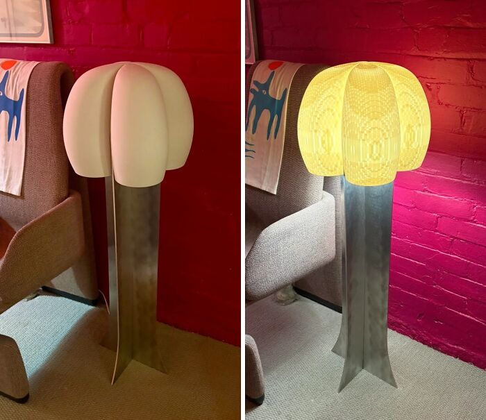 A before and after image of a floor lamp with a 3D printed mushroom-shaped shade, highlighting brilliant 3D printers.
