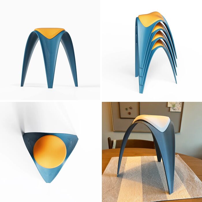 A set of stackable, curved stools in blue and orange, an example of brilliant things made with 3D printers.