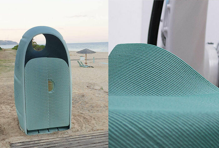 A light teal, modern 3D printer recycling bin on a beach, with a close-up of its textured surface, highlighting brilliant things made with 3D printers.