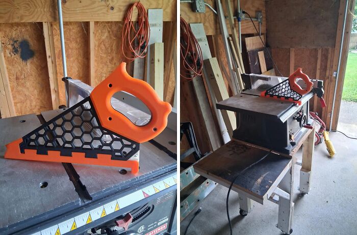 A custom orange and black 3D printed saw guide on a table saw, a brilliant thing made with 3D printers for DIY projects.