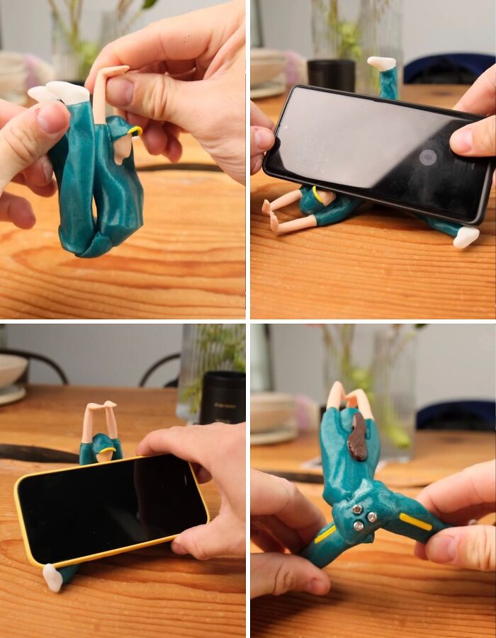 A four-panel image showing a flexible, person-shaped 3D printed phone holder supporting a smartphone, illustrating brilliant things created with 3D printers.