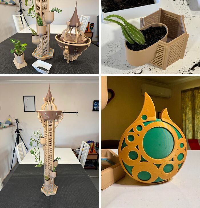 A collage of various 3D printed planters and decorative items, including a tall plant stand and a unique succulent pot, highlighting brilliant things from 3D printers.