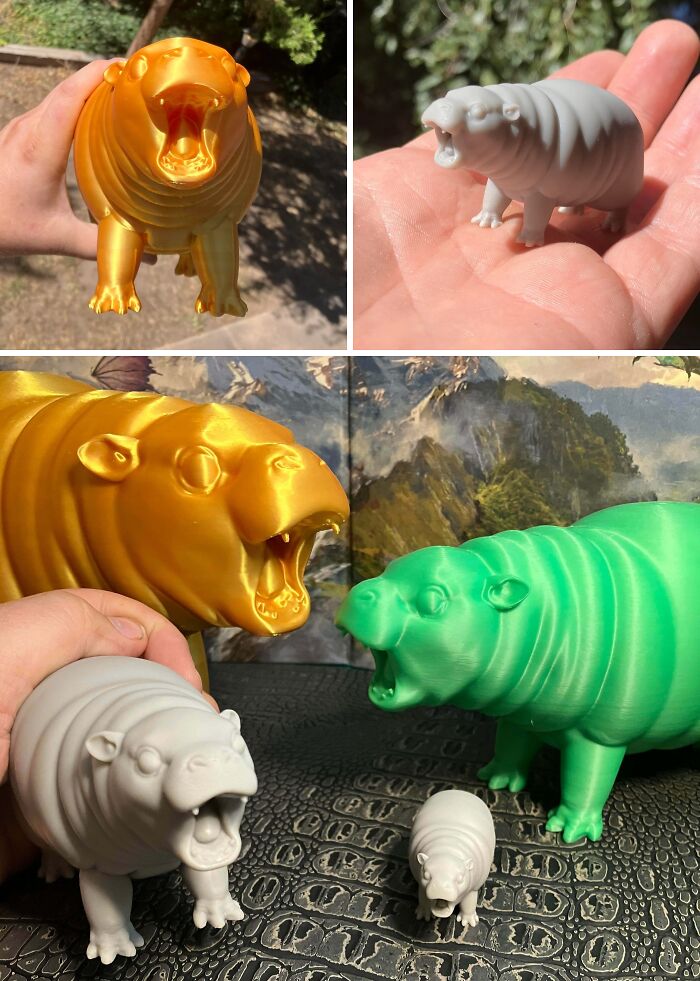 Various sizes and colors of 3D printed hippo figurines, highlighting brilliant 3D printers versatility.