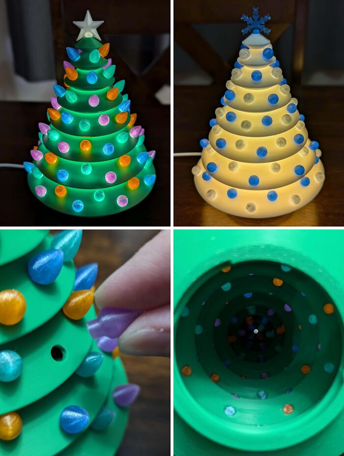 Collage showing a festive 3D printed Christmas tree with colorful lights, a brilliant 3D printers creation.