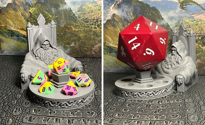 A wizard figure holding a collection of 3D printed dice, a brilliant example of things made with 3D printers.