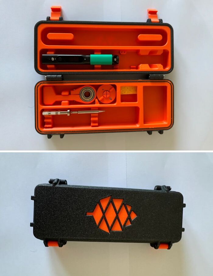 An open and closed view of a 3D printed orange and black case, brilliantly storing tools with 3D printers.
