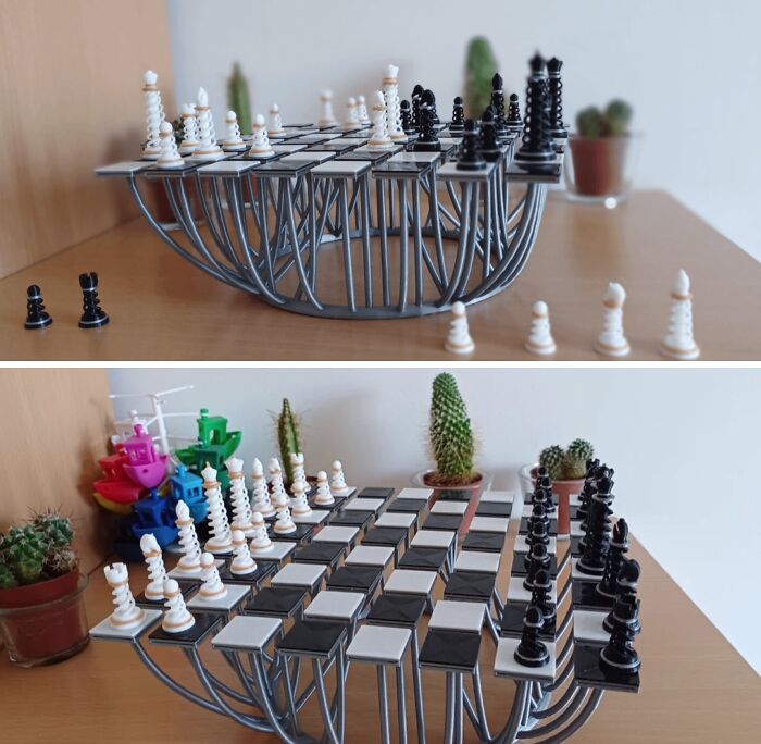 A unique 3D chess set with pieces on a curved metal board, demonstrating creative uses of 3D printers.
