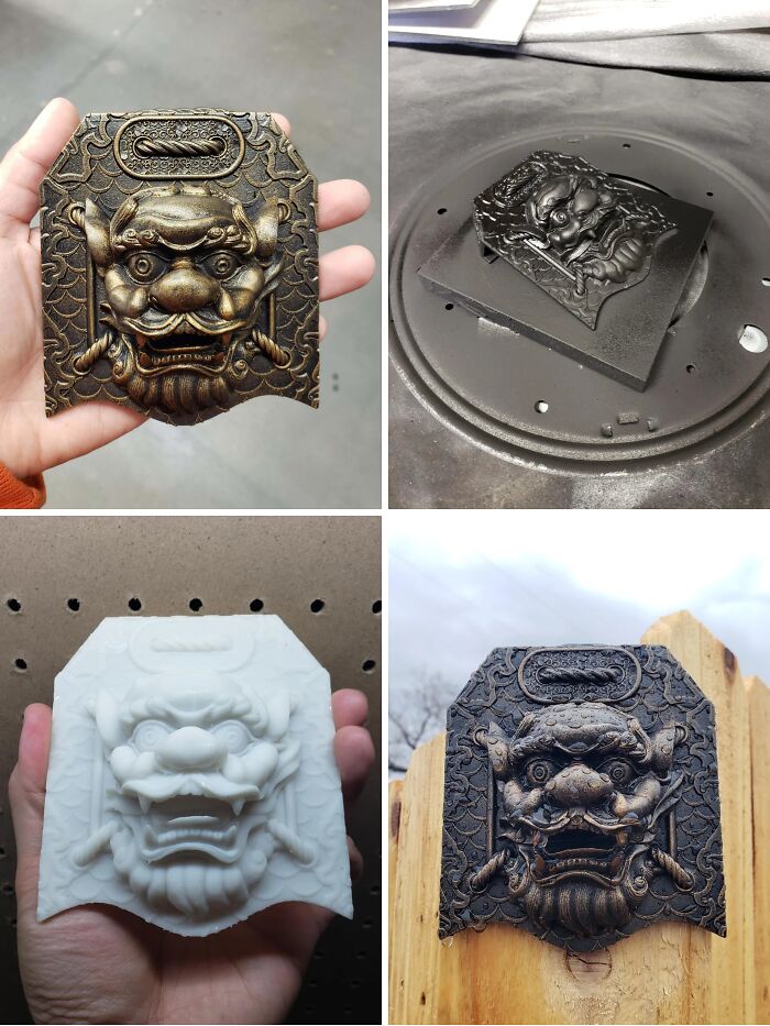 A sequence of images showing the process of creating a decorative wall plaque using 3D printers.
