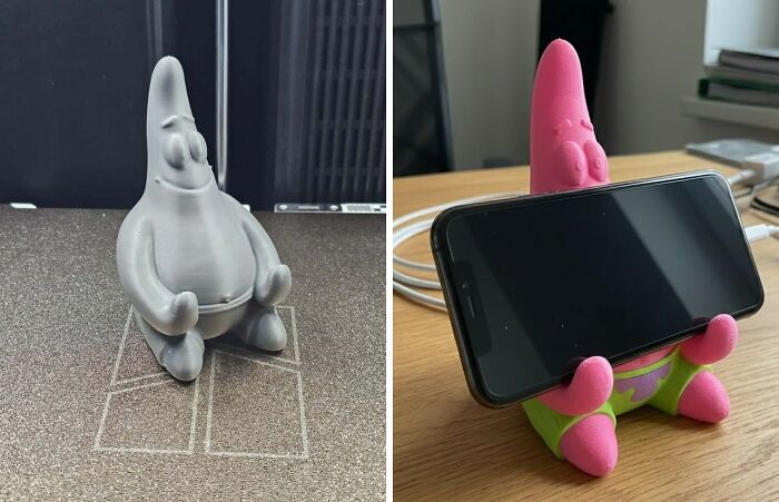 A two-panel image showcasing a Patrick Star phone holder created with 3D printers, before and after painting.