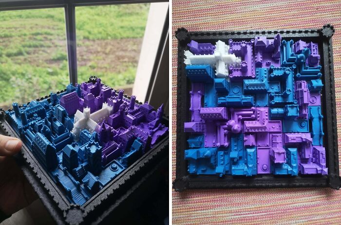Two views of a colorful 3D printed city model in blue, purple, and white, showcasing brilliant things from 3D printers.