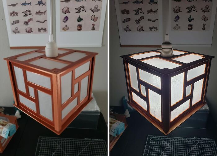 A before-and-after shot of a 3D printed Japanese-style lantern, unlit and lit.