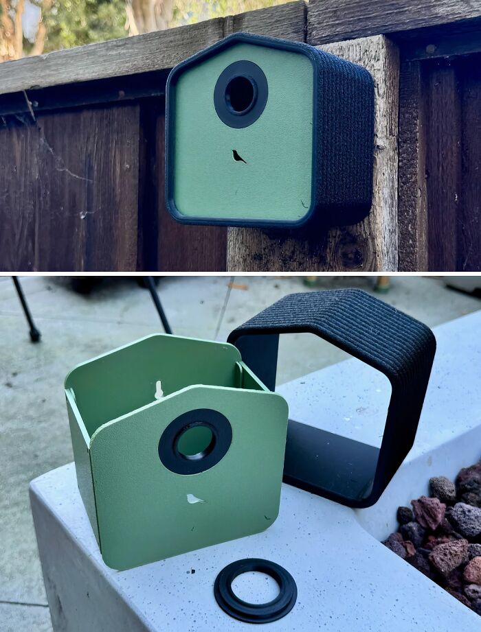 A modern, green and black 3D printed bird feeder mounted on a fence and disassembled, showing brilliant things from 3D printers.
