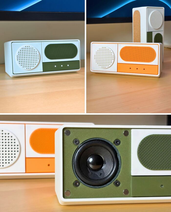 Colorful modular speakers, brilliant things showcasing the versatility of 3D printers, in green and orange.