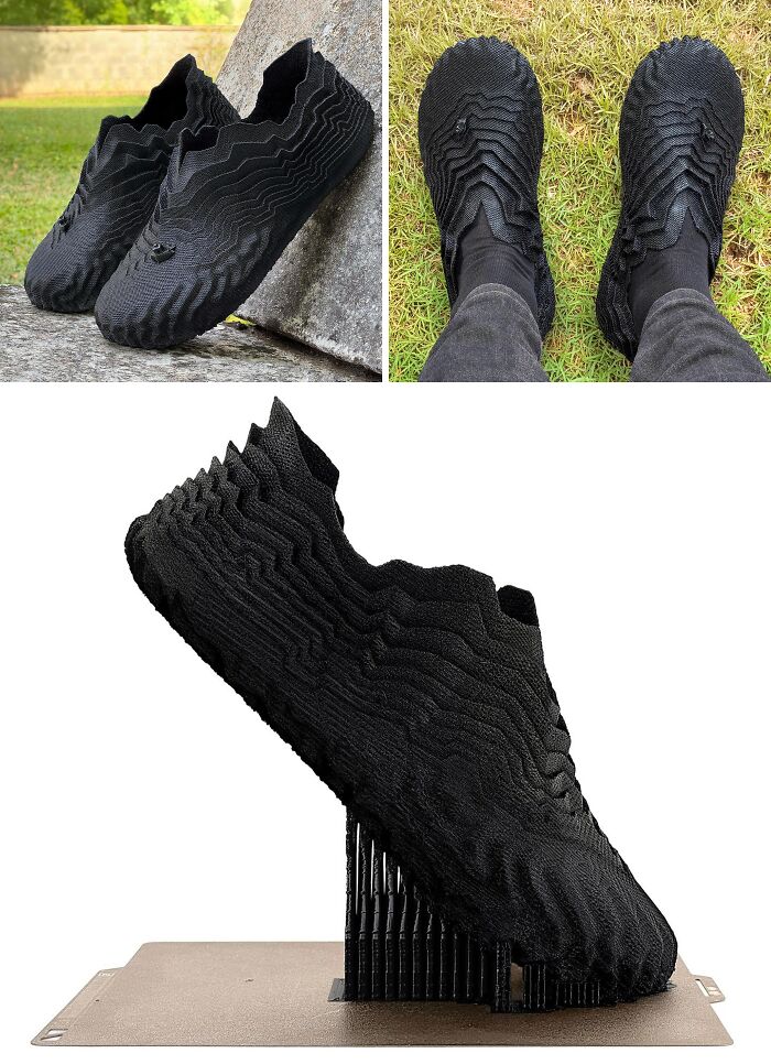 Innovative black shoes with a textured design, 3D printed for unique footwear that can't be found elsewhere.