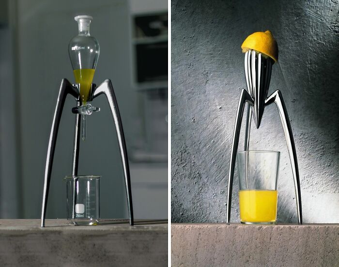 A silver citrus juicer resembling a scientific apparatus, squeezing a lemon into a glass, highlighting brilliant 3D printers.