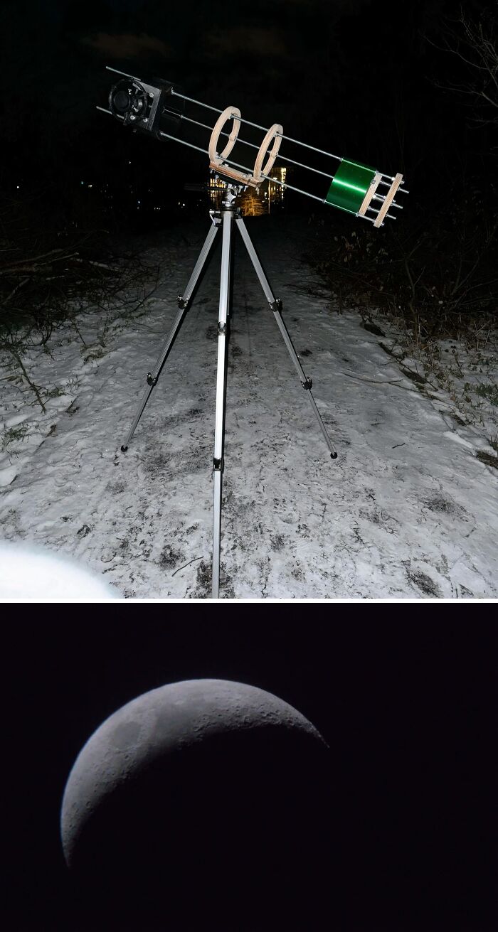 A telescope set up on a snowy path under a night sky, with an inset of the moon, highlighting brilliant things made with 3D printers.