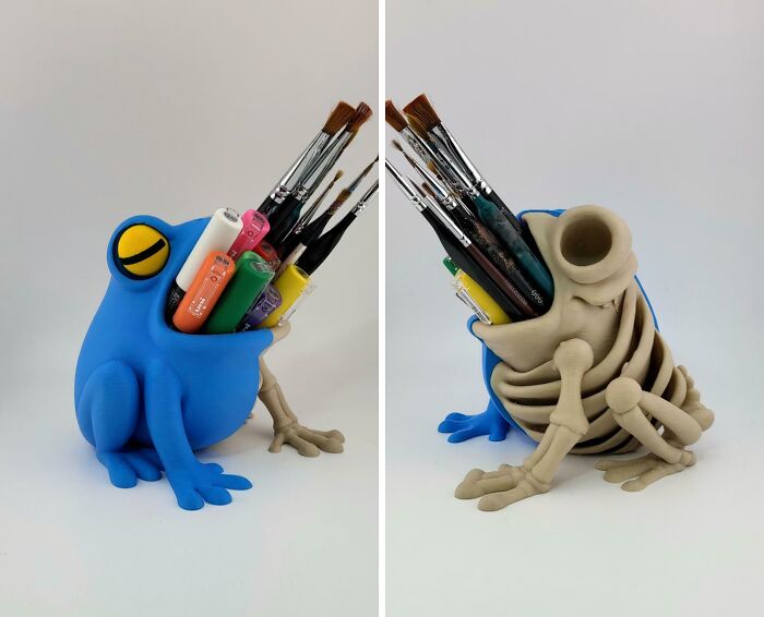 A dual image showing a unique frog-shaped pen holder with an exposed skeleton, made with 3D printers.