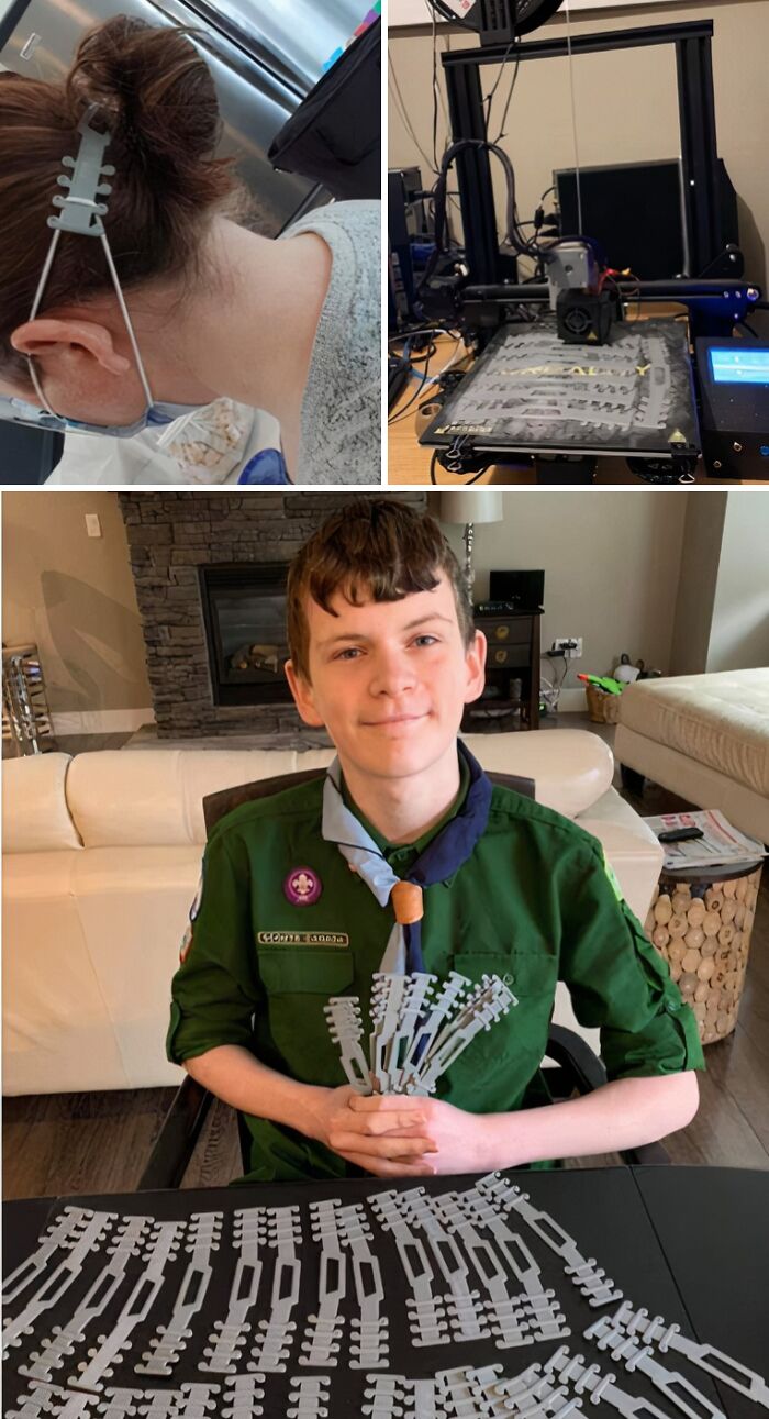A boy scout holds 3D printed ear savers made with a 3D printer, helping people use masks comfortably.