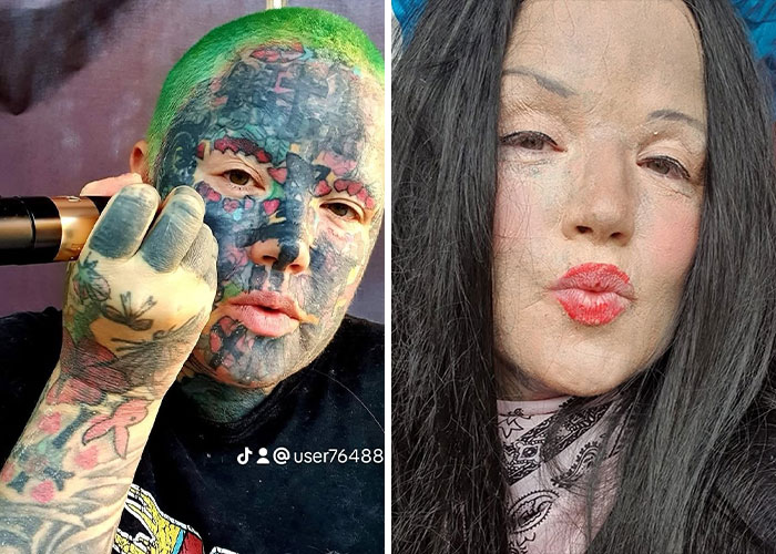 Mom with 800 tattoos showing her extreme tattooed face and her face without the extreme look side-by-side. Mom with 800 tattoos showing her extreme tattooed face and her face without the extreme look side-by-side.