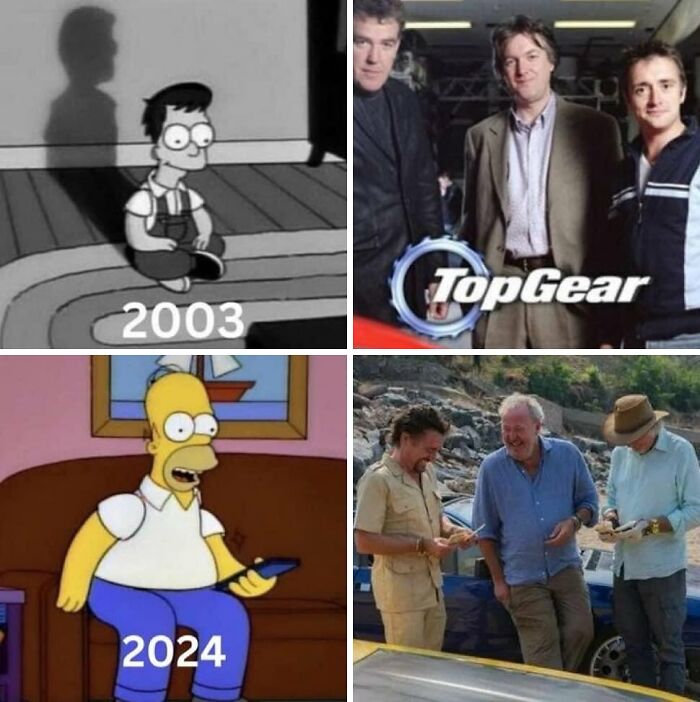 Funny car meme depicting a child watching Top Gear in 2003 and Homer Simpson watching it in 2024.