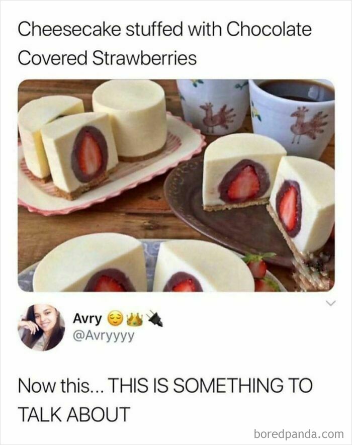 A tweet showing cheesecake stuffed with chocolate-covered strawberries, a delicious treat among hilarious memes.