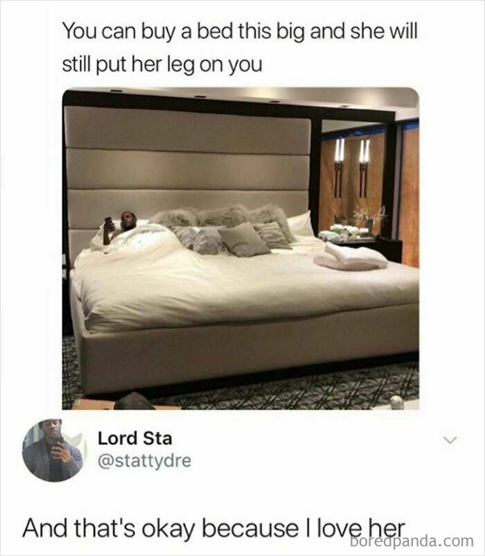 A hilarious meme of a person on a giant bed, highlighting a relatable partner habit for good mood nights.