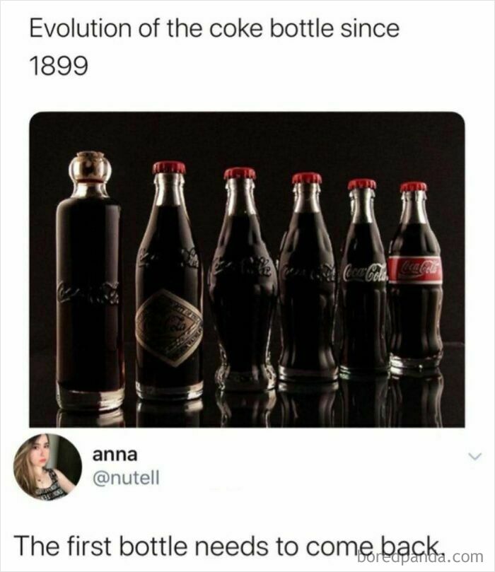 An image showing the evolution of the Coca-Cola bottle from 1899 to modern times, a hilarious meme about nostalgia and design.