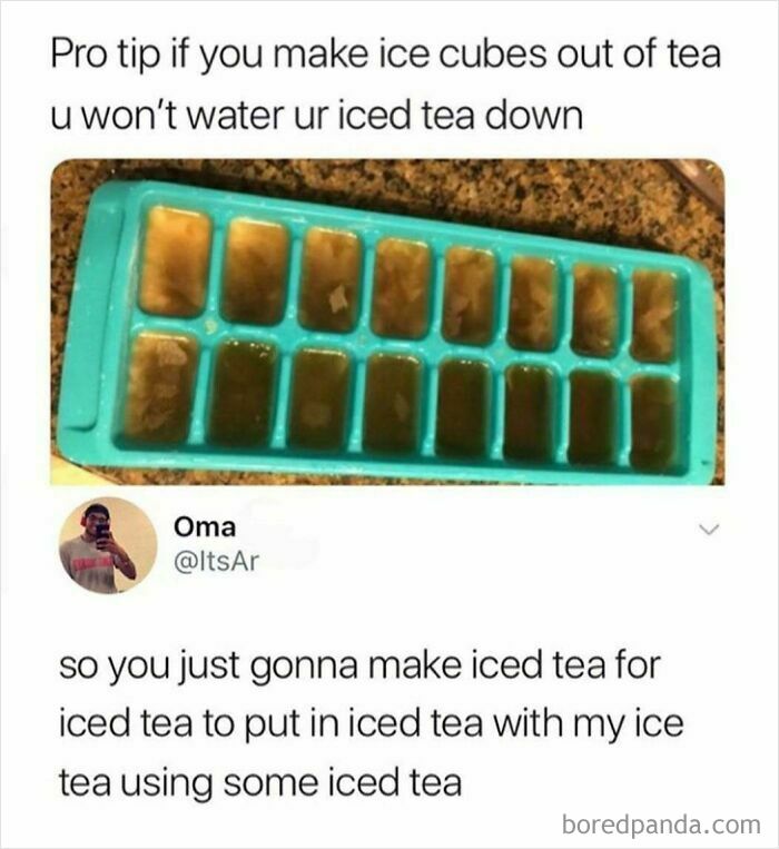 A hilarious meme about making tea ice cubes, a funny life hack for a good mood.