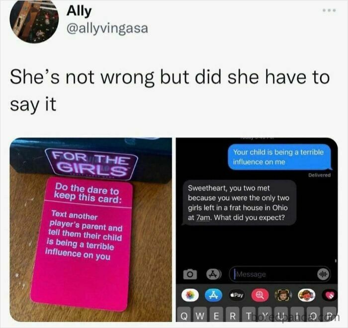 A funny meme with a text exchange about a child being a terrible influence, a hilarious meme to put you in a good mood.