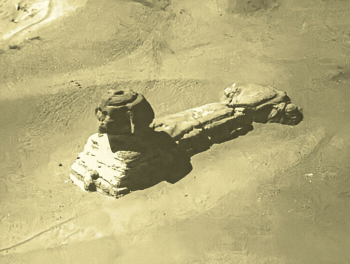 An aerial view of the Sphinx statue in the desert, a wild picture of the weird and wonderful world.
