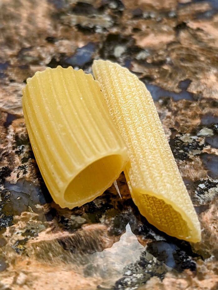 Two pieces of dry pasta, one rigatoni and one penne, on a speckled counter, showcasing the weird and wonderful shapes.