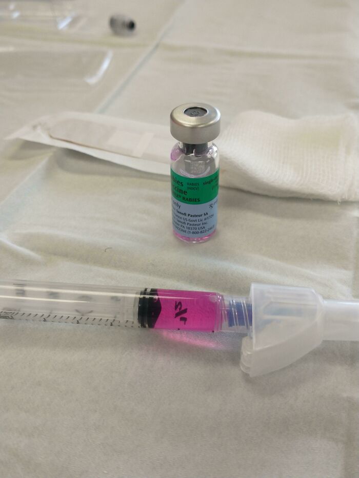 A vial of pink liquid medicine next to a syringe filled with the same liquid, a weird and wonderful medical sight.