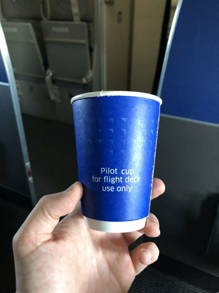 A hand holding a blue paper cup labeled Pilot cup for flight deck use only, a weird and wonderful find.