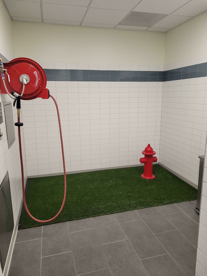 An indoor pet relief area with artificial grass, a red fire hydrant, and a hose, a wonderful innovation.