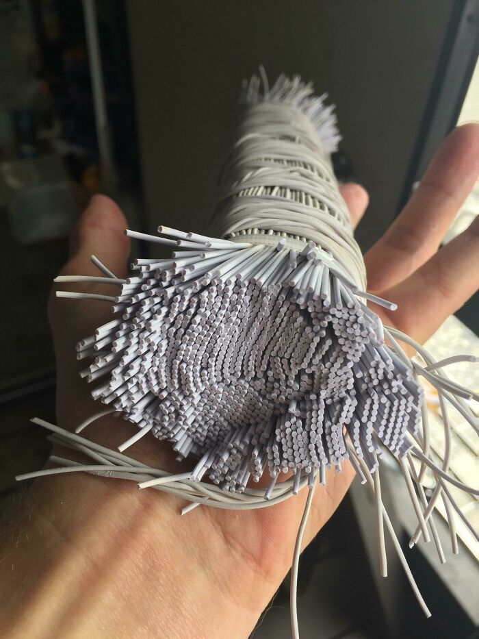 A hand holding a bundle of white wires, showcasing the weird and wonderful world of intricate cabling.