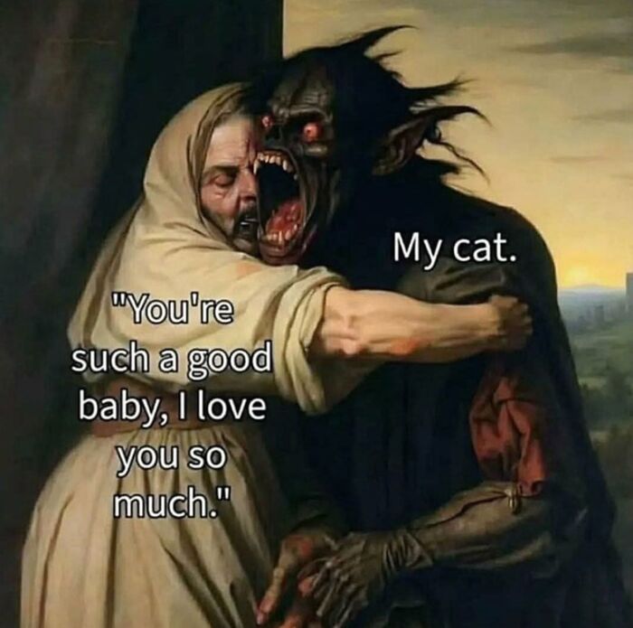 A cat meme showing a person hugging a demonic figure that represents their cat with a tiny four-legged menace.