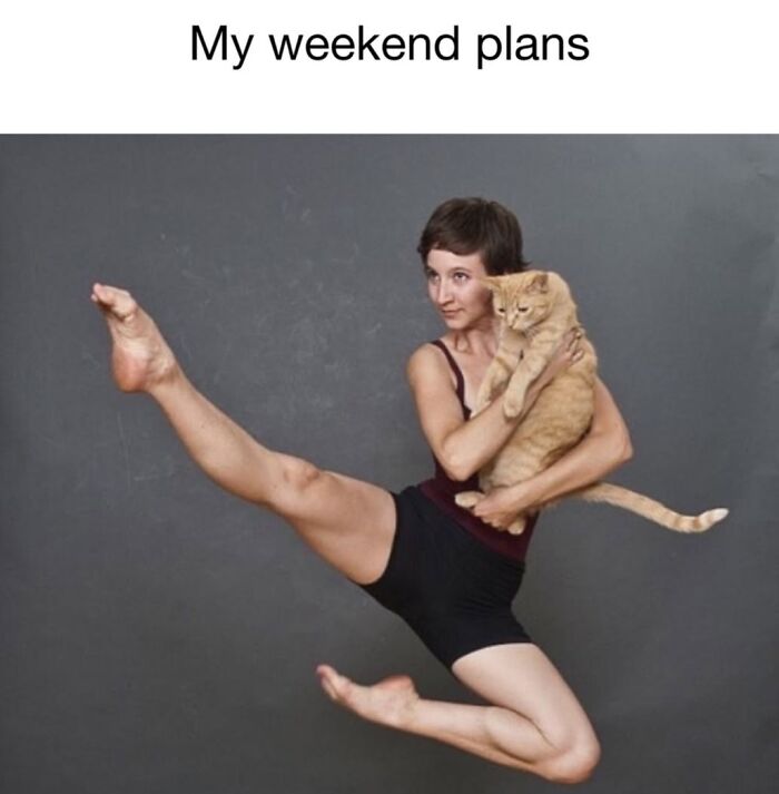 A cat meme showing a woman in athletic wear holding a ginger cat while striking a ballet pose in mid-air.