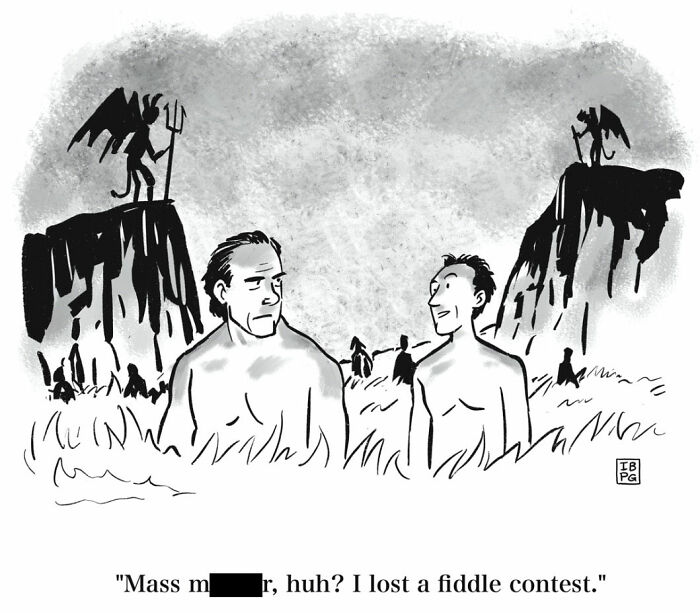 Mannequin on the Moon comics show two men in hell, one talking about a fiddle contest, with devils watching.