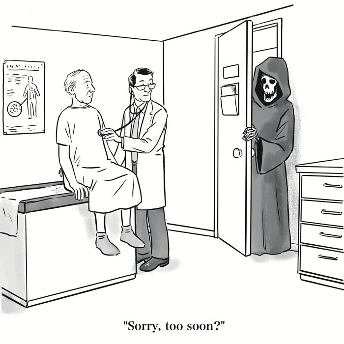 Absurd Mannequin On The Moon comic depicting the Grim Reaper entering a doctor's office during a check-up.