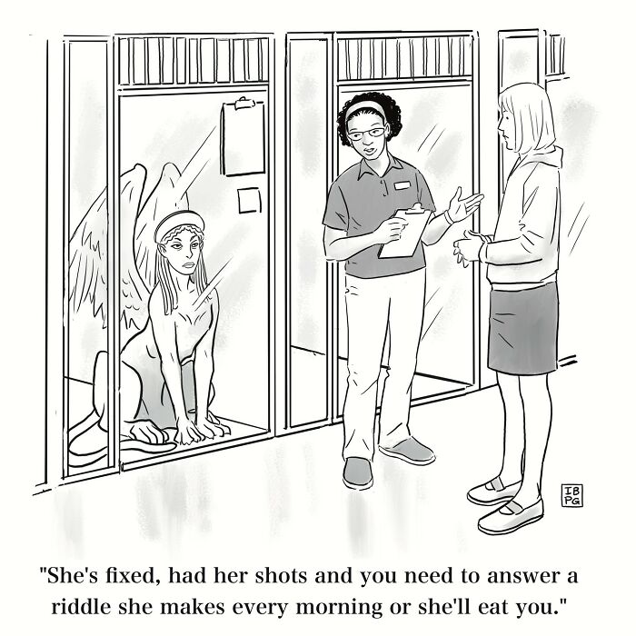A comic showing a woman interacting with a sphinx in a cage, an absurd riddle scenario with dry humor.