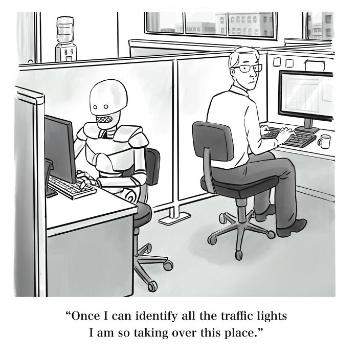 A comic illustrating a robot and a man working in cubicles, a humorous depiction of AI takeover with dry humor.