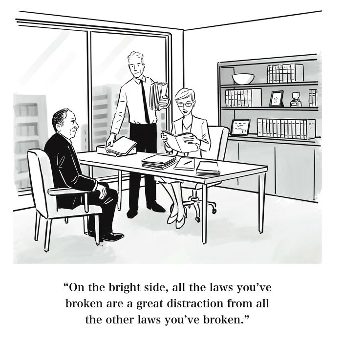 Mannequin On The Moon comic showing three people in an office with legal documents and a dry humor quote.