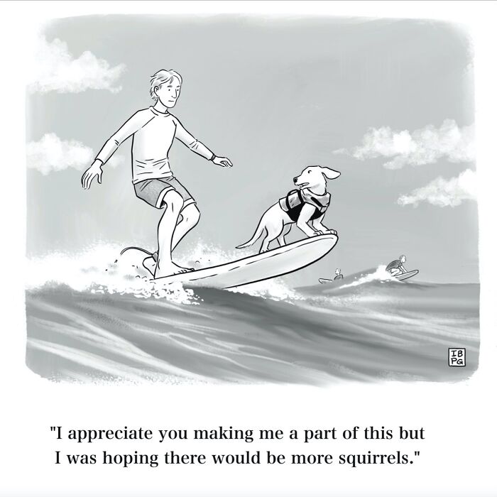 Mannequin On The Moon comic showing a man and a dog surfing, with the dog wearing a life vest, showcasing dry humor.